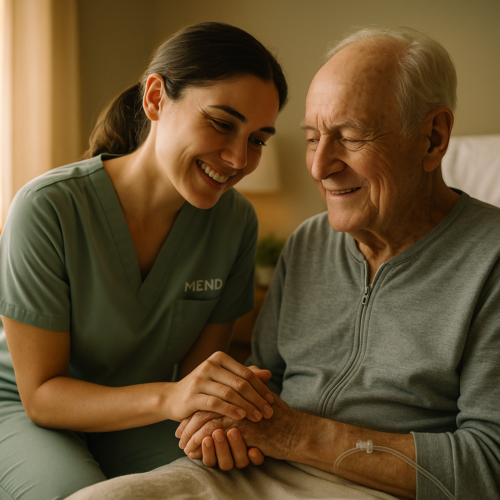A nurse in sage MEND scrubs holding the hand of a patient in a Comfort Wrap recovery gown
